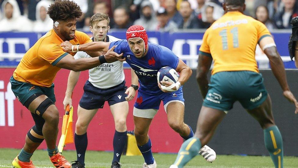 France in action during the International Rugby Union World Cup warm-up match between France and Australia at Stade de France stadium in Saint Denis, outside Paris on August 27, 2023.