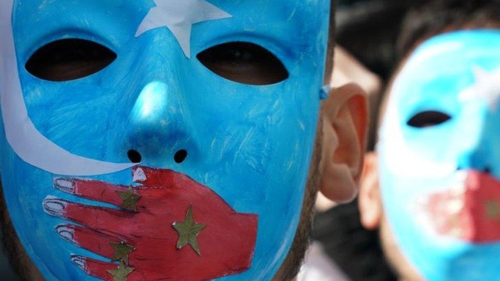 People protest at a Uighur rally in front of the US Mission to the United Nations - 5 February 2019