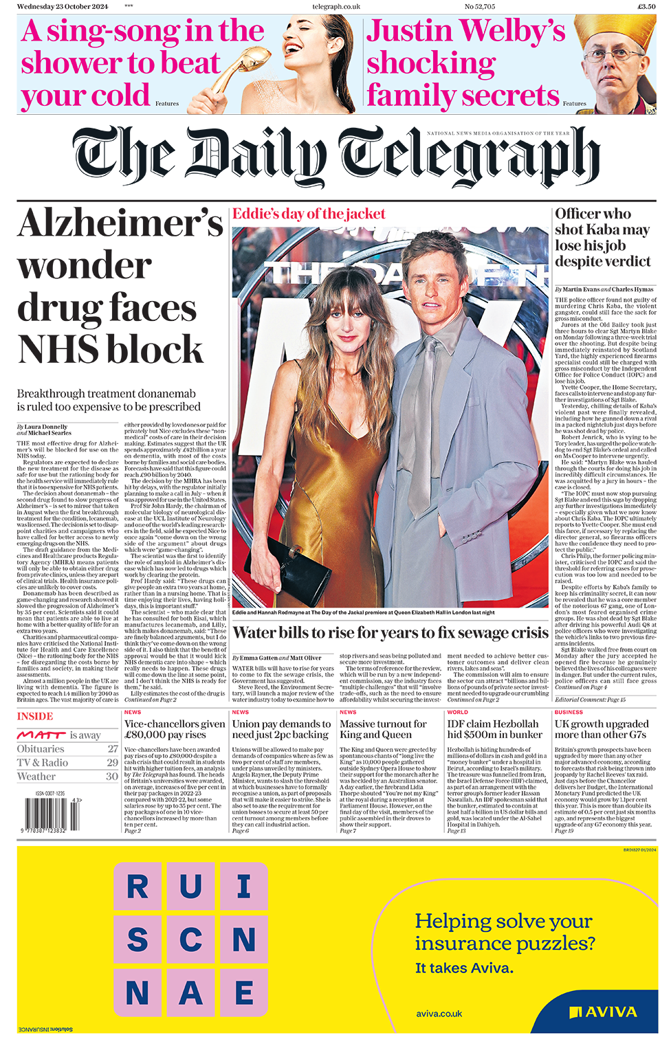 The headline in the Telegraph reads: "Alzheimer's wonder drug faces NHS block". 