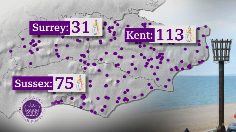 A map showing the number of beacons in the South East and their locations