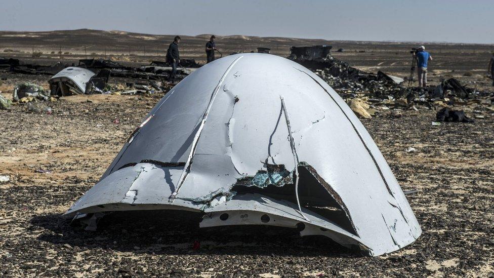 Debris of the A321 Russian airliner lie on the ground in Sinai Peninsula, Egypt