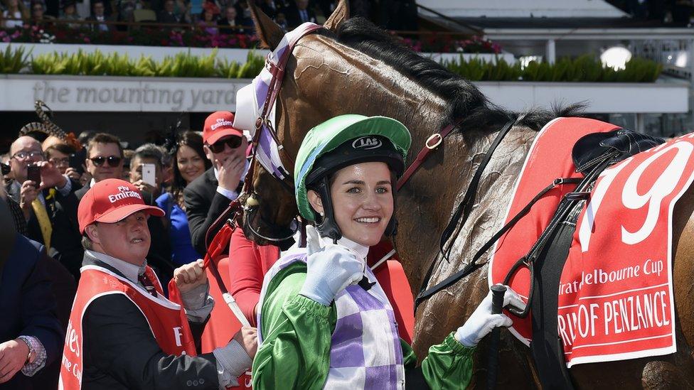 Steven and Michelle Payne with Prince of Penzance at the Melbourne Cup (3 Nov 2015)