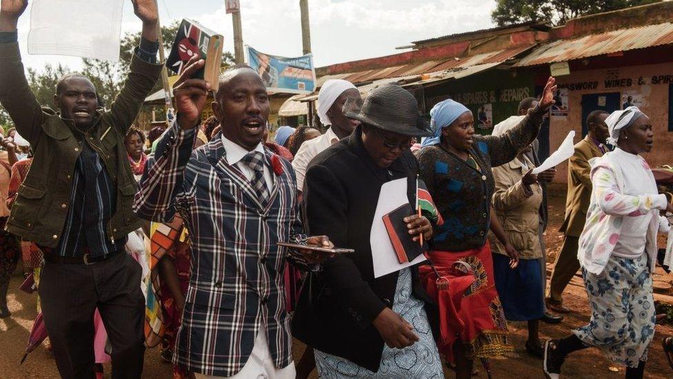 A fellowship of pastors from 20 churches in Langas, a neighbourhood in Eldoret, Kenya, march and pray for peaceful elections on 6 August 2017