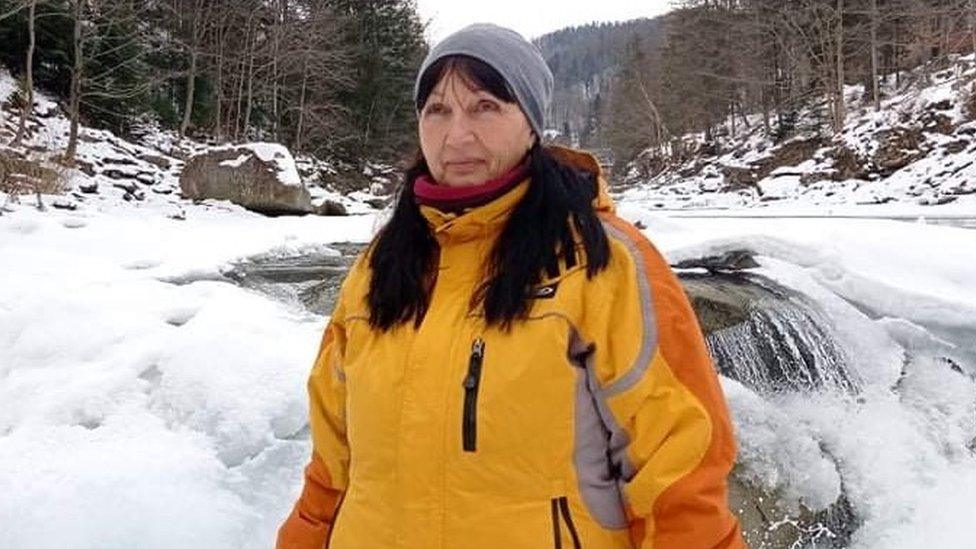 Olha Datsyk, Tanya Mikulova's mother, pictured in a snow-covered landscape before the Russian invasion of Ukraine