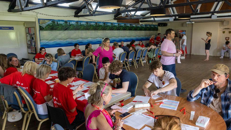 Two tables with volunteers in red T-shirts on one side, and members of the public on the other taking swabs.