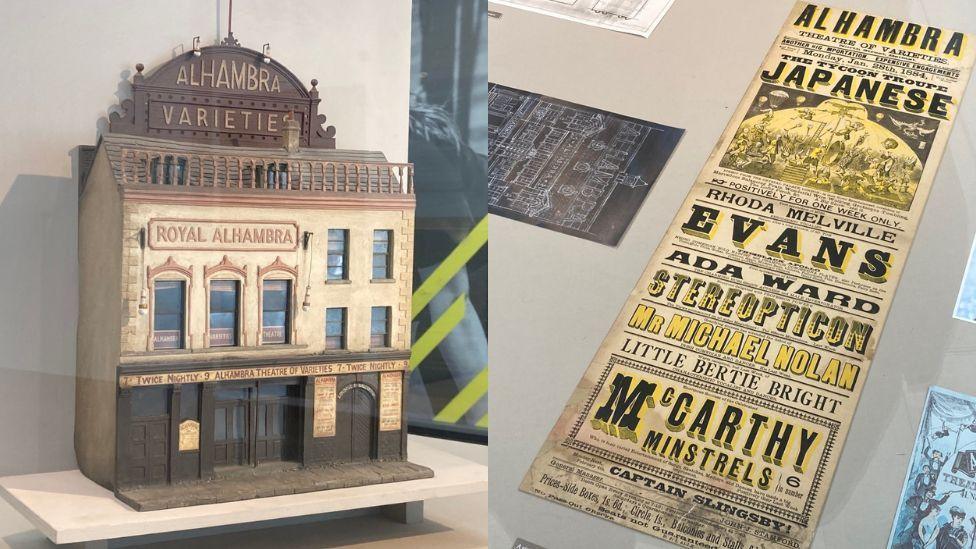 A composite image. On the left is a model of the Royal Alhambra theatre. On the right is an old bill of performances for the theatre. 