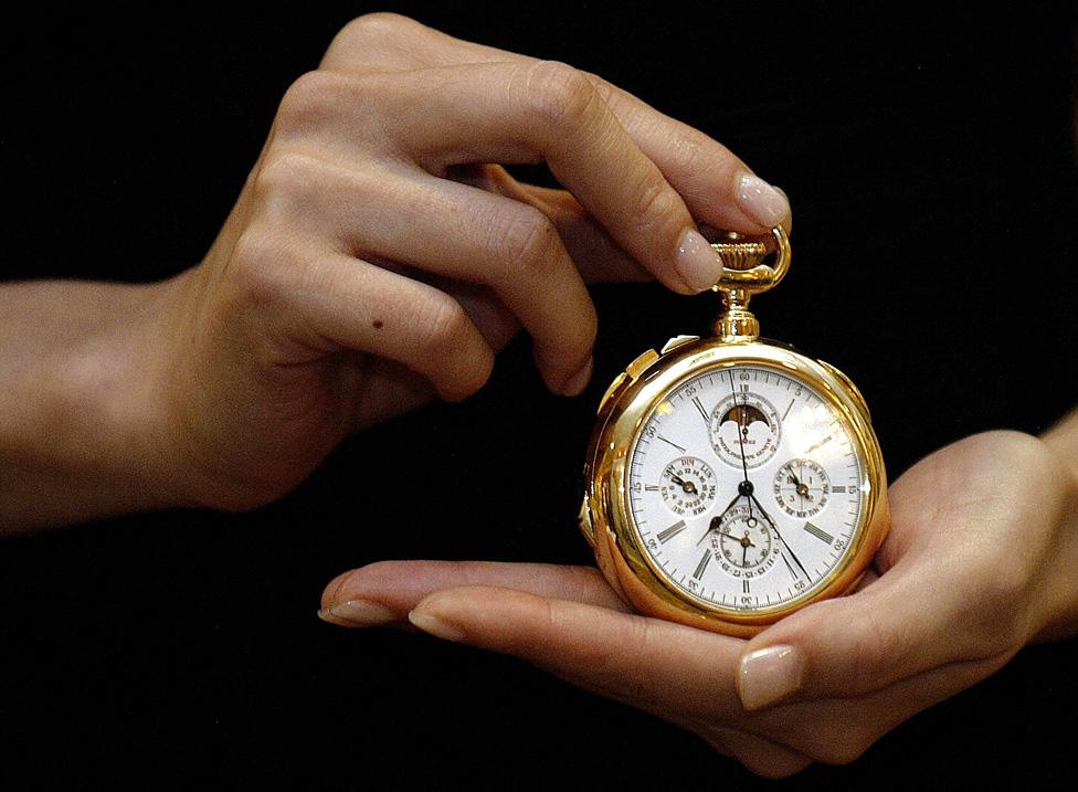 Gold and enamel 'Grand Complication' minute repeating perpetual calendar split second chronograph clock-watch by Patek Philippe, pictured in 2004