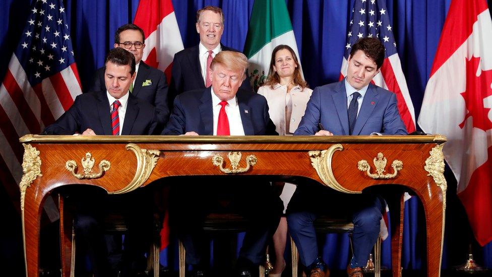 Mexico President Enrique Pena Nieto, US President Donald Trump, Canada's Prime Minister Justin Trudeau