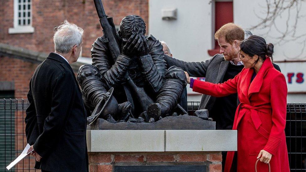 Meghan and Harry at Wilfred Owen statue