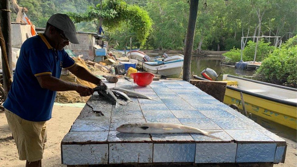 A fisherman cleans some of his catch