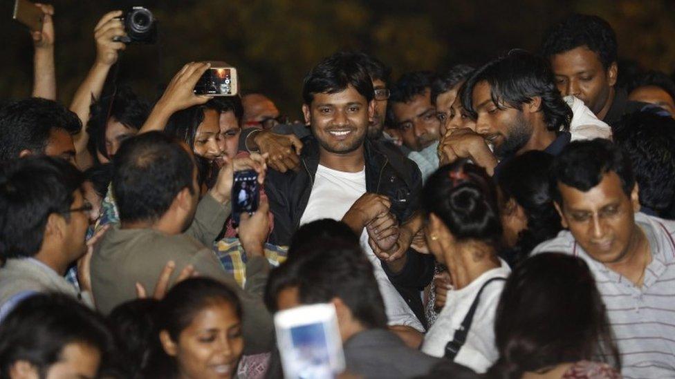 Kanhaiya Kumar (C), the students" union president of Delhi's Jawaharlal Nehru University (JNU), arrives to address the JNU activists and students in New Delhi, India, 03 March 2016.