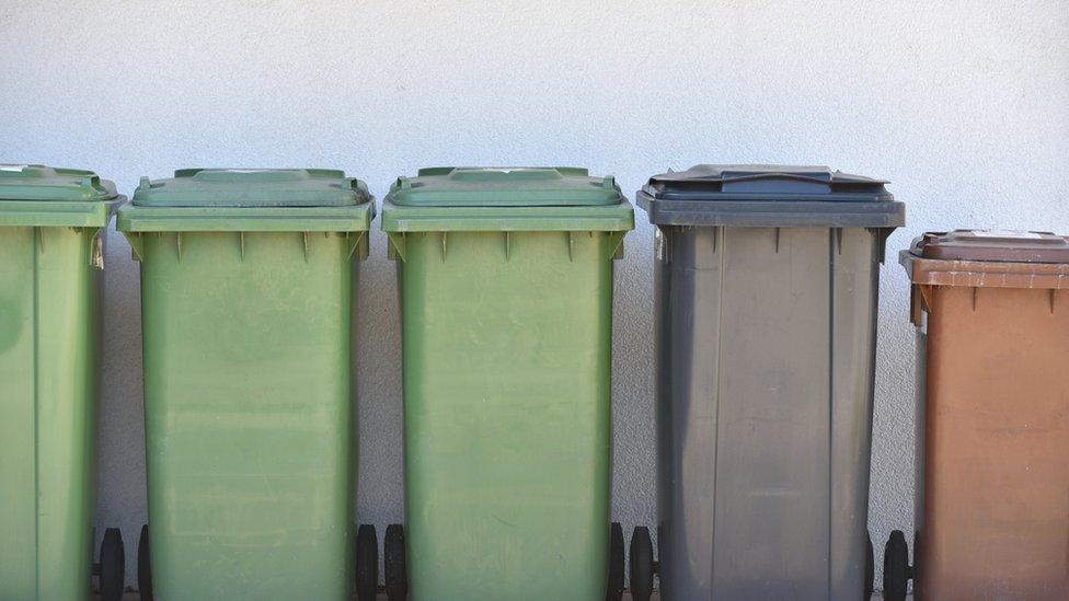 Plastic Trash Cans Against a Wall