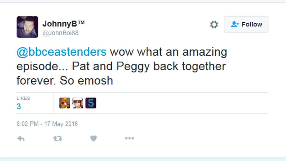 Johnny B's tweet: "Wow what an amazing episode... Pat and Peggy back together forever. So emosh."