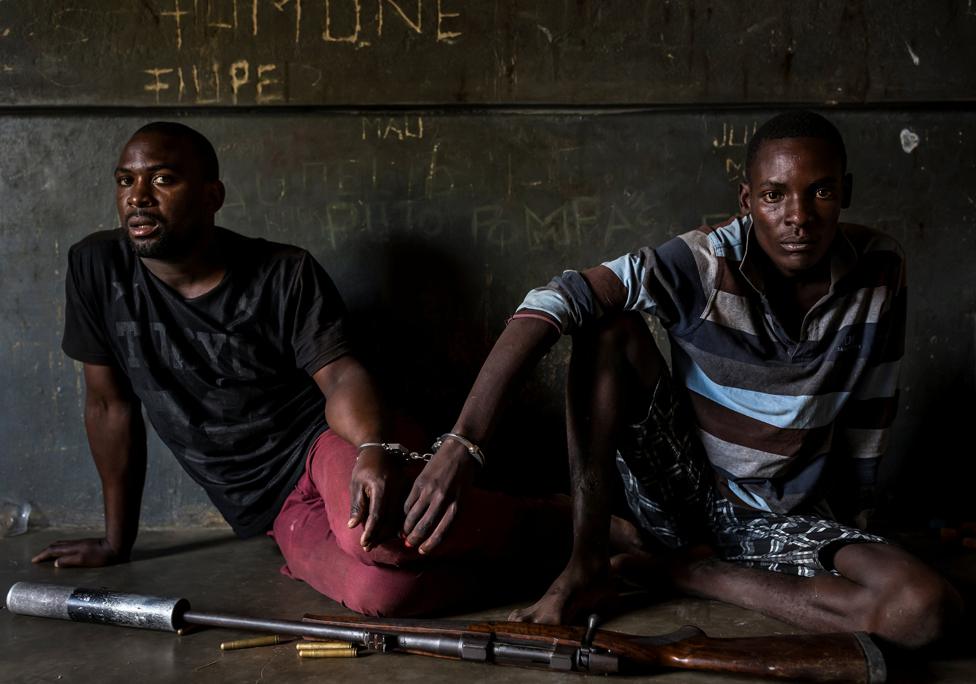 Two rhino poachers, one 19, the other 28 years old, apprehended by an anti-poaching team in Mozambique close to Kruger National Park border.