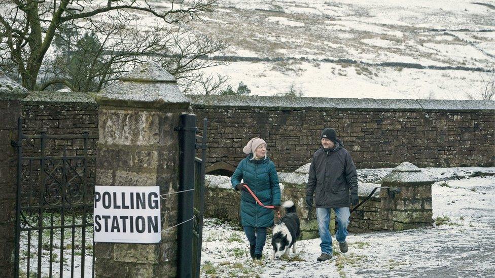 Couple and dog at polling station in snow