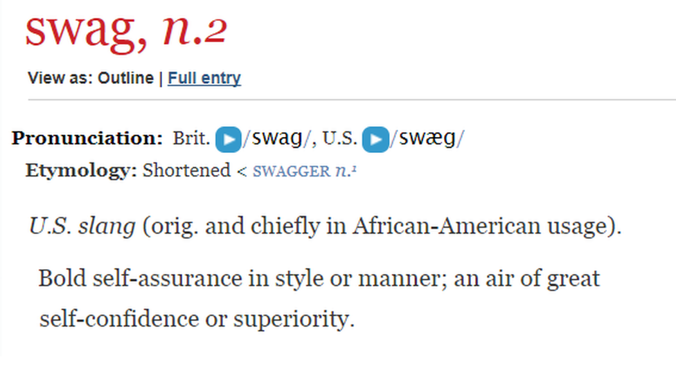 Screengrab of the definition of 'Swag' from the Oxford English Dictionary "Bold self-assurance in style or manner; an air of great self-confidence or superiority".