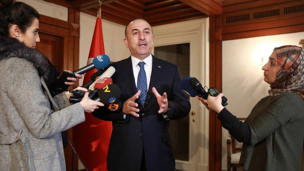 Mevlut Cavusoglu speaking to reporters, 3 Mar 17