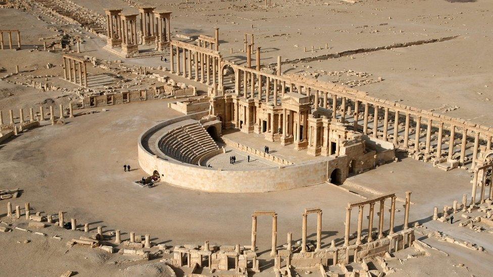 The columns and amphitheatre of the Roman Theatre, part of the ancient city of Palmyra in Syria, seen in 2009