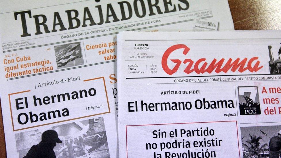 Front pages of newspapers showing the printed article of former Cuban leader Fidel Castro entitled "El hermano Obama" (Brother Obama)