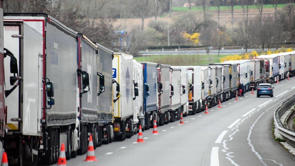 Stopped trucks on the A26 highway trying to make their way to the Channel Tunnel, near Calais, northern France, on March 21, 2019