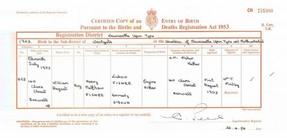 William Fisher's birth certificate