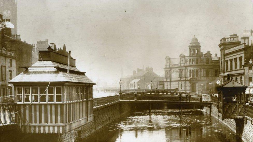 Rochdale Town Hall can be seen (top left) near the River Roch before it was concreted over