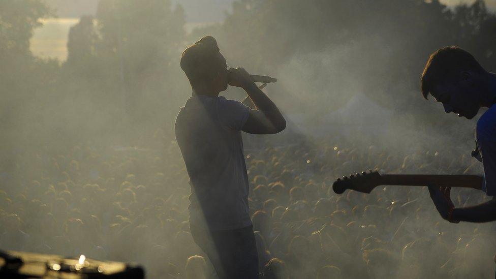 Scottish rock band The LaFontaines perform on King Tut's Stage on Saturday