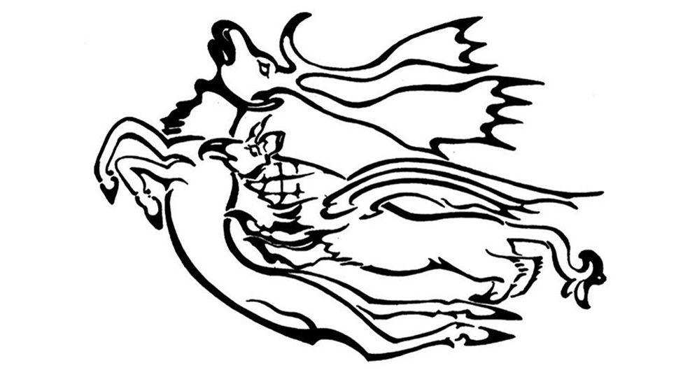 A black line drawing of the tattoo on the woman's left forearm. It shows a large stag with horns, and a half-lion and half-eagle creature appearing to attack the stag.