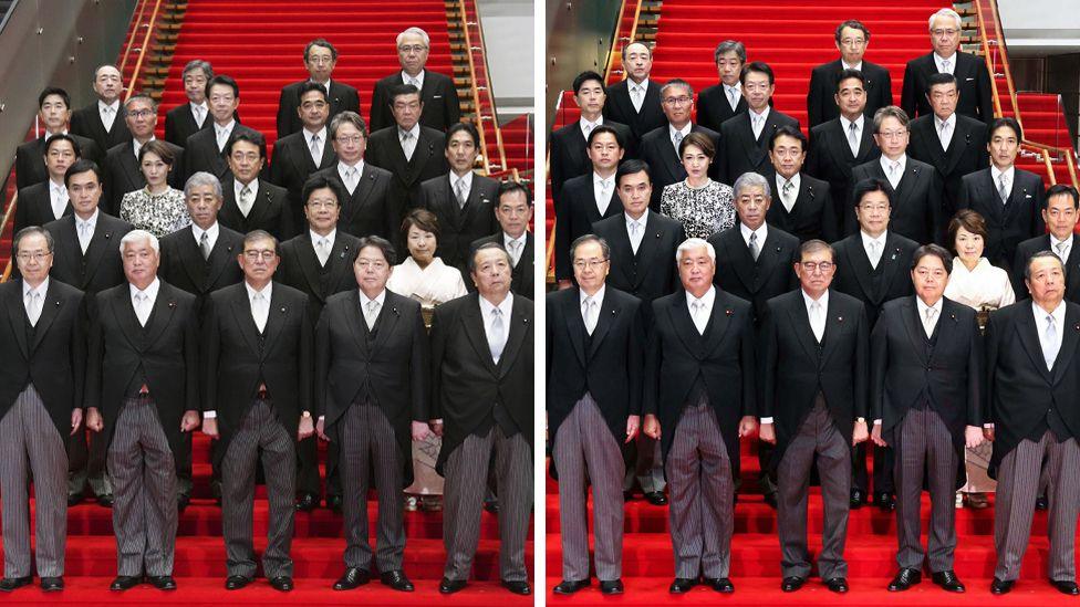 A side-by-side composite showing the same image taken by the media and the Japanese government, where it is possible to see how the picture was edited.