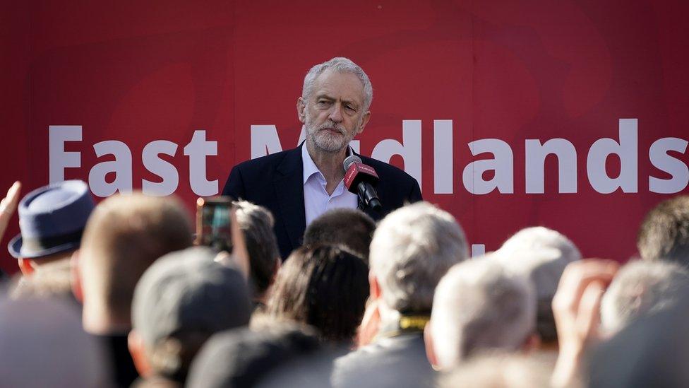 Corbyn speaks during a rally at Voluntary Action Broxtowe on February 23, 2019 in Beeston, England.