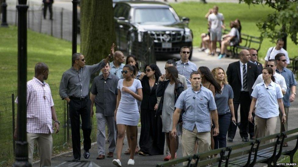 US President Barack Obama walks in Central Park July 18, 2015 in New York, New York.