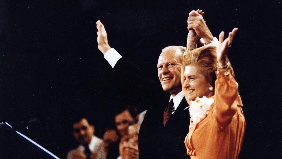 President Ford and Betty Ford wave to the crowd at the Republican National Convention in Kansas City, Missouri August 19, 1976.