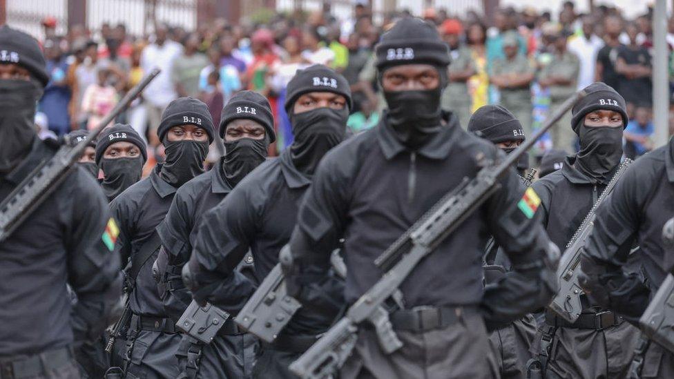 Members of the Rapid Intervention Battalion (Bataillon d'Intervention Rapide, BIR), an elite military force and an army combat unit of the Cameroonian Armed Forces line up ahead of the May 20th parade marking the 52nd celebration of Unity Day in Yaounde on May 20, 2024. The National Day of Cameroon, also known as Unity Day, celebrates the national referendum held on May 20, 1972, in which Cameroonians voted for a unitary state as opposed to the existing federal state.