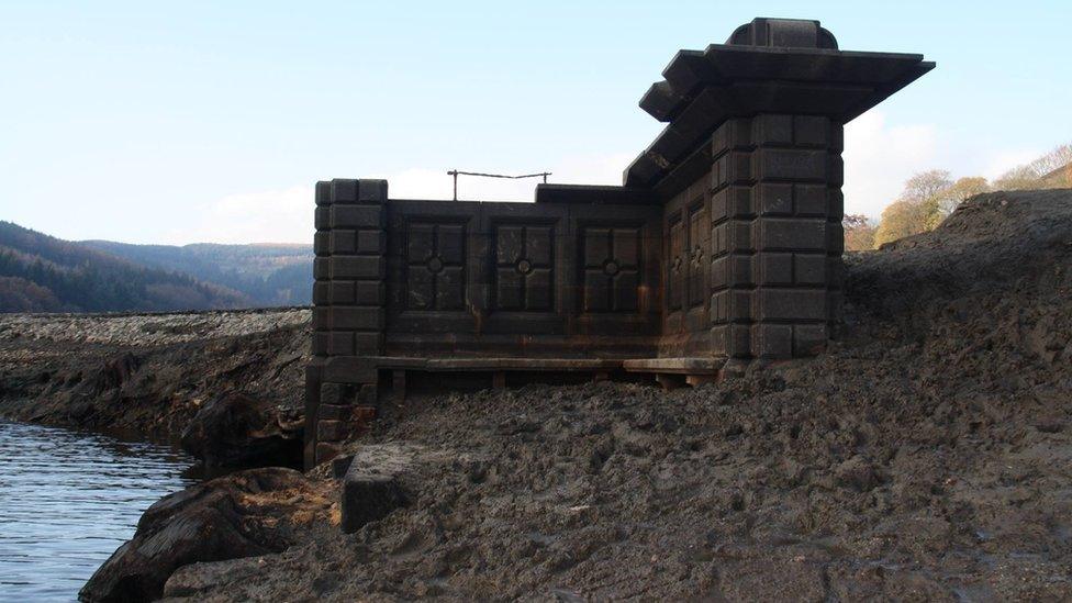 Part of Derwent Hall exposed by low water levels