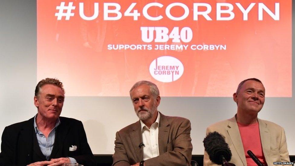 Jeremy Corbyn with two members of the reggae band UB40