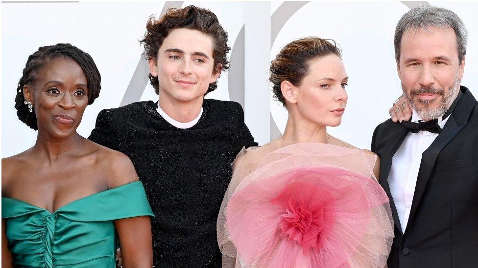 (Left to right) Sharon Duncan-Brewster, Timothée Chalamet, Rebecca Ferguson, and director Denis Villeneuve