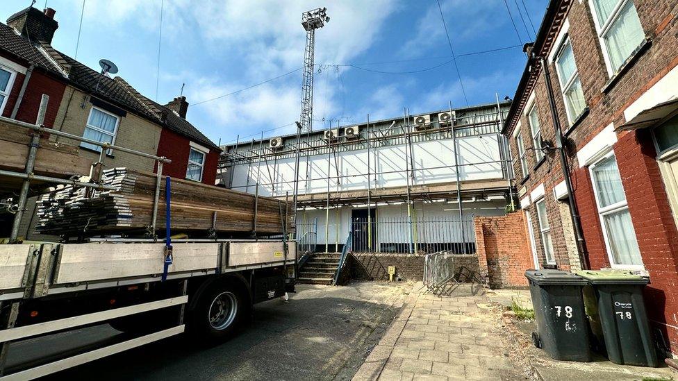 Lorry delivering materials to Luton Town FC