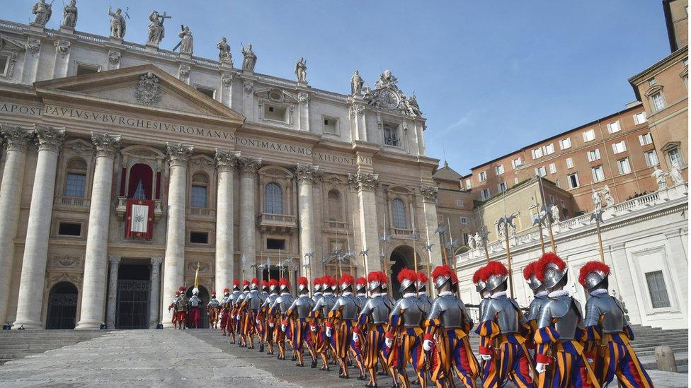 Swiss guards paraded before the Pope's arrival