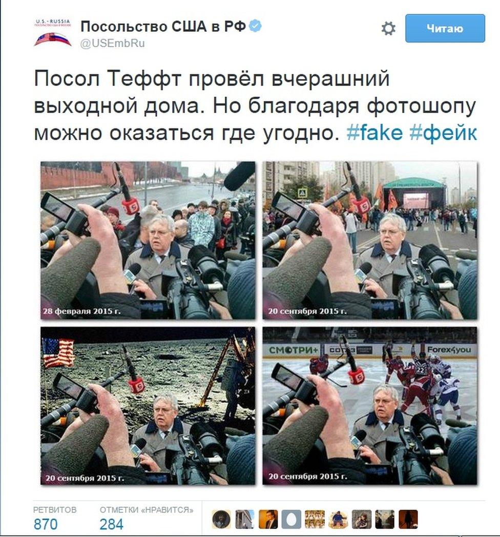 Screen grab of a US embassy tweet showing doctored images of the ambassador in different situations, e.g. on the moon and at a game of ice hockey