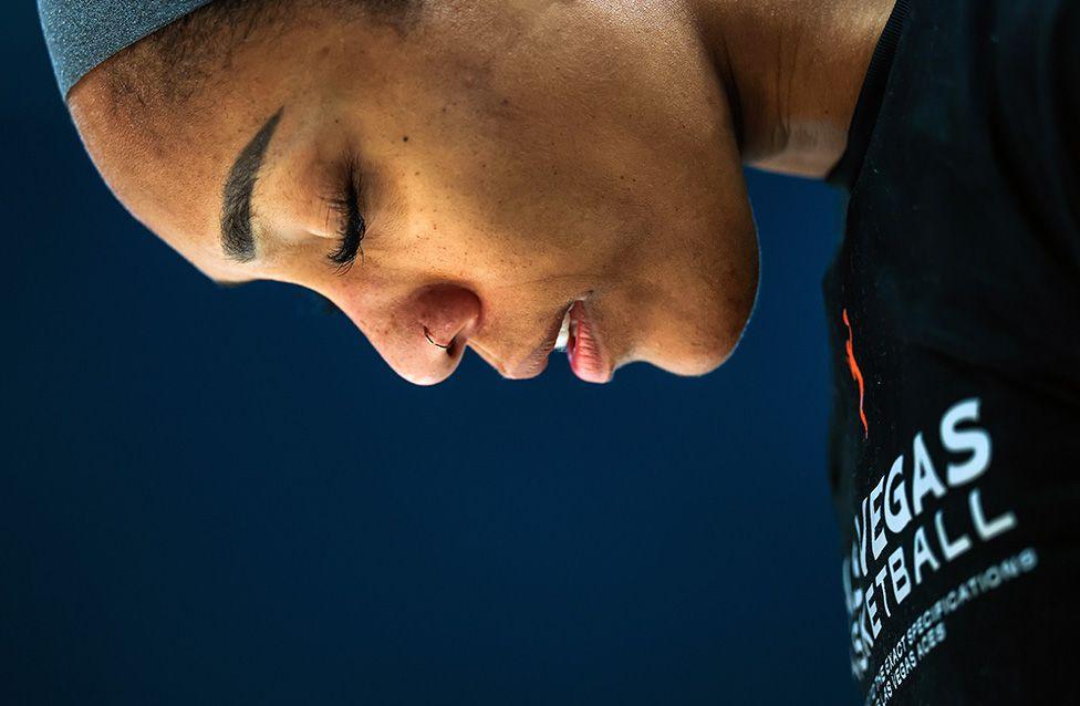 Las Vegas Aces' A'ja Wilson pauses for a moment before the basketball game against the Storm in Seattle