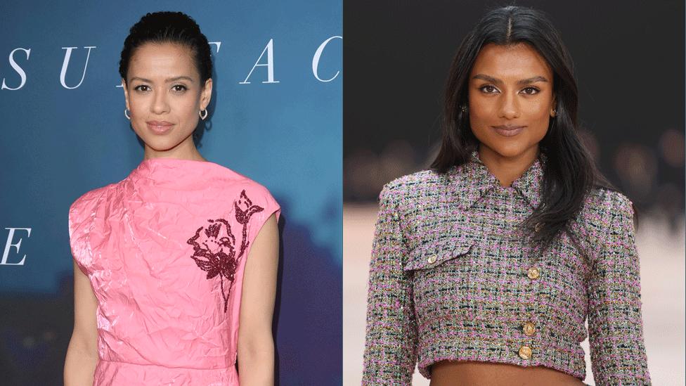 Gugu Mbatha-Raw and Simone Ashley posing at red carpet events. Gugu wears a pink dress with a flower motif. Simone wears a grey, pink and black-patterned cropped jacket.