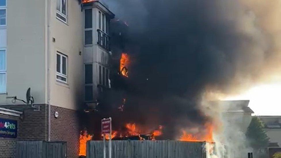 The block of flats on fire