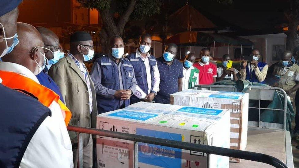 The consignment of vaccines arriving in Guinea