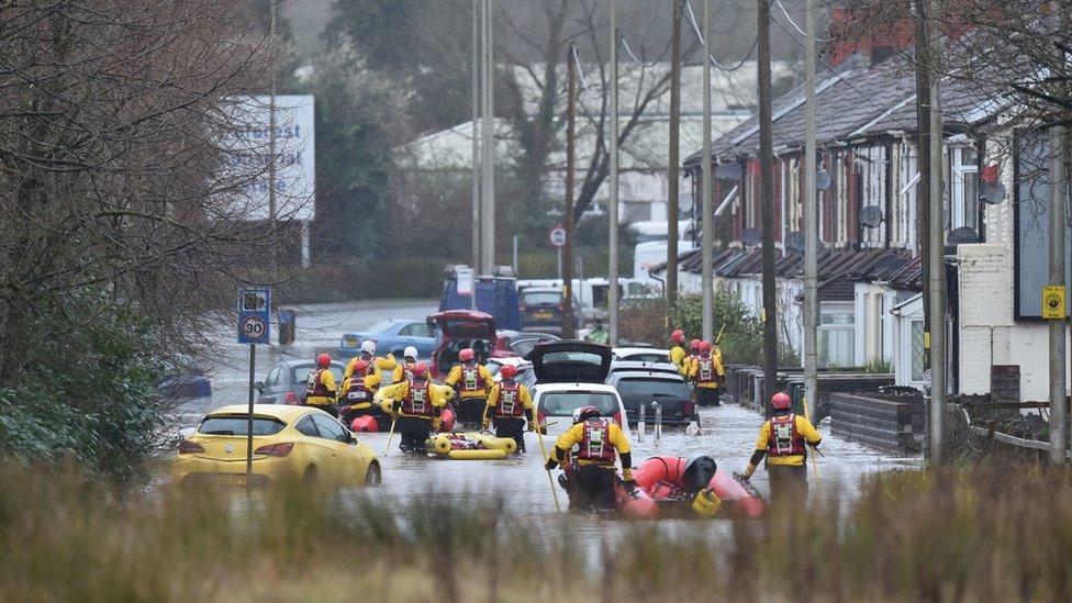 Flooding at Nantgarw, near Cardiff, during Storm Dennis in 2020