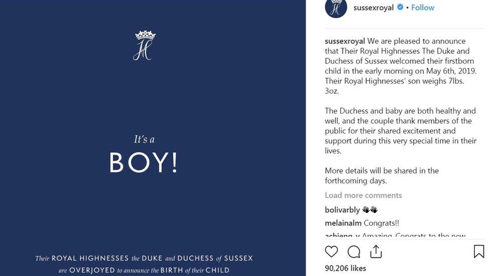 Instagram post revealing news of royal baby.