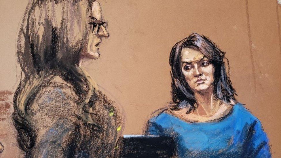 Sketch shows Actor Annabella Sciorra being cross-examined by lawyer Donna Rotunno