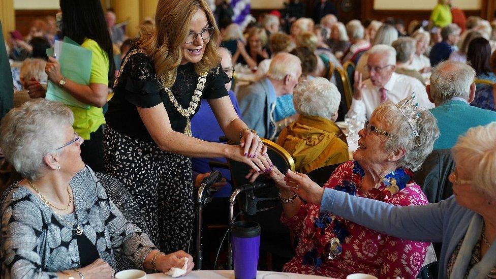 Belfast Lord Mayor Tina Black meets attendees at a Platinum Jubilee tea dance at Belfast City Hall