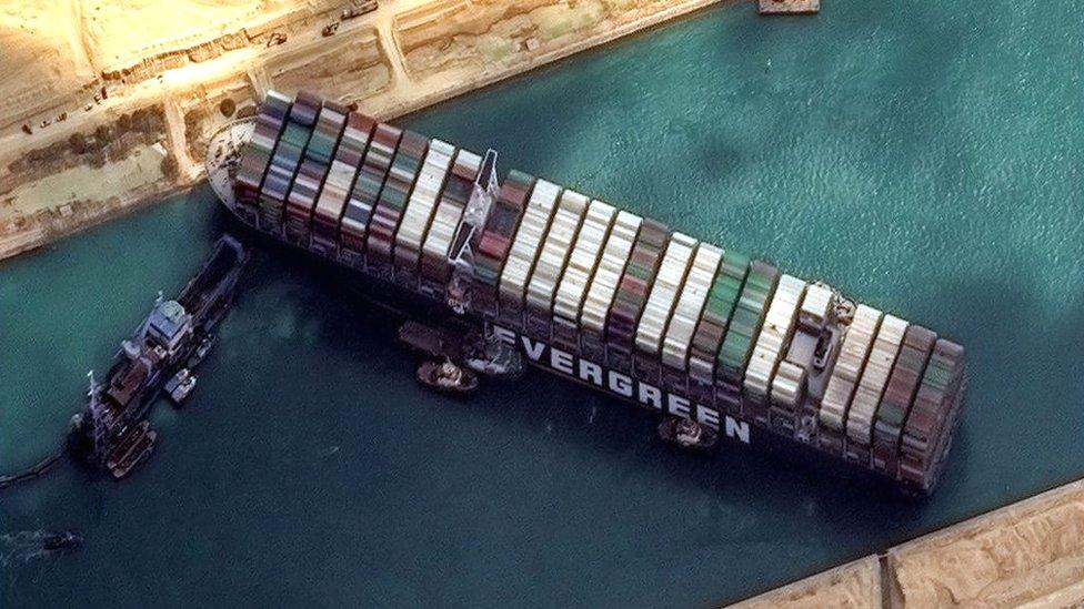 The Ever Given ship, viewed from satellite, remains stuck in the Suez Canal