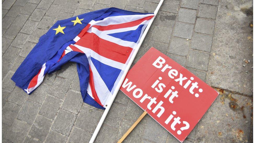 Flags from a demonstration against Brexit outside Westminster