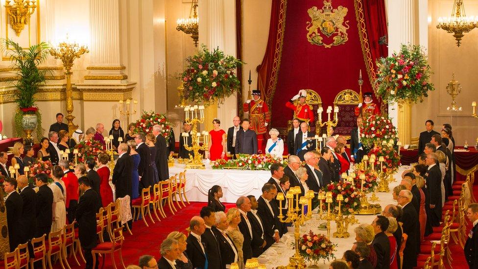 The Duchess of Cambridge, China's leader Xi Jinping, Britain's Queen Elizabeth II and Prince Philip, attend a state banquet at Buckingham Palace in London, England